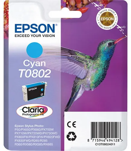 Cyan bläckpatron Epson T0802 C13T08024011, 350 sidor